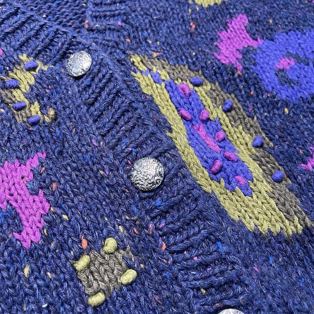 Gallagher Vintage Hand Knit Sweater Cardigan Navy Pink Turquoise Women's Large - Picture 7 of 14